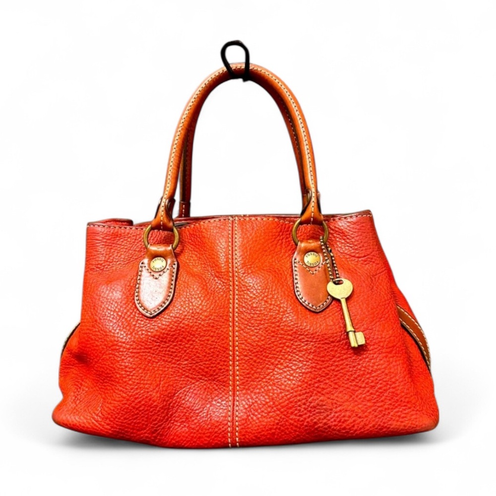 Fossil Orange Leather Satchel with Key Charm
